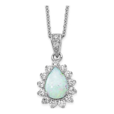 Sterling Silver Lab-Created Opal & CZ Halo Pendant Necklace