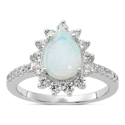 Sterling Silver Lab-Created Opal & CZ Halo Ring
