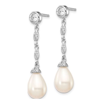 Sterling Silver Freshwater Cultured Pearl & CZ Teardrop Dangle Earrings – view 2