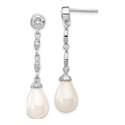 Sterling Silver Freshwater Cultured Pearl & CZ Teardrop Dangle Earrings