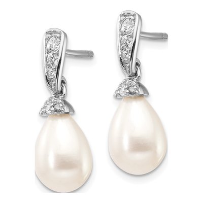 Sterling Silver Freshwater Cultured Pearl & CZ Teardrop Brilliant-Cut Dangle Earrings – view 3