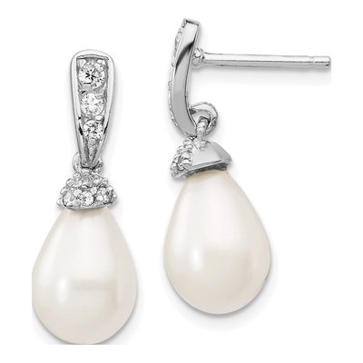 Sterling Silver Freshwater Cultured Pearl & CZ Teardrop Brilliant-Cut Dangle Earrings