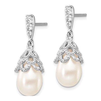 Sterling Silver Freshwater Cultured Pearl & CZ Dangle Earrings – view 3