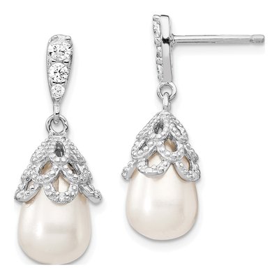 Sterling Silver Freshwater Cultured Pearl & CZ Dangle Earrings