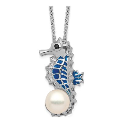 Sterling Silver Freshwater Cultured Pearl & CZ Seahorse Pendant Necklace