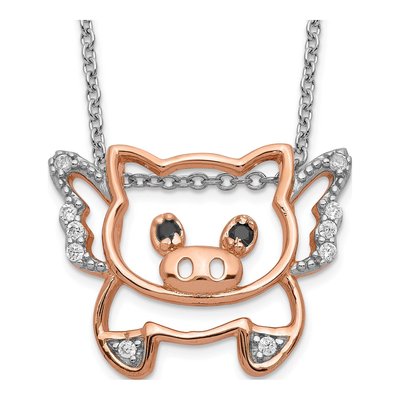 Rose Gold-Plated Sterling Silver CZ Flying Pig Pendant Necklace