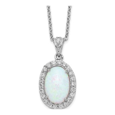 Sterling Silver Lab-Created Opal & CZ Halo Pendant Necklace