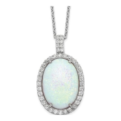 Sterling Silver Lab-Created Opal & CZ Halo Pendant Necklace