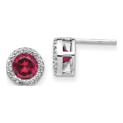 Sterling Silver 6.5mm Round Lab-Created Ruby & CZ Halo Stud Earrings