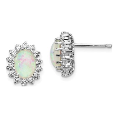 Sterling Silver 2mm Round Opal & CZ Halo Stud Earrings
