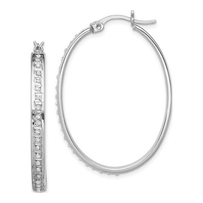 Sterling Silver 37mm Diamond Mystique Oval Hoop Earrings