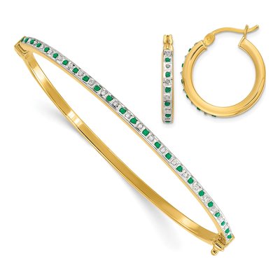 Sterling Silver Diamond & Emerald Hoop Earring Set