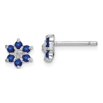 Sterling Silver Round Sapphire & Diamond Button Stud Earrings