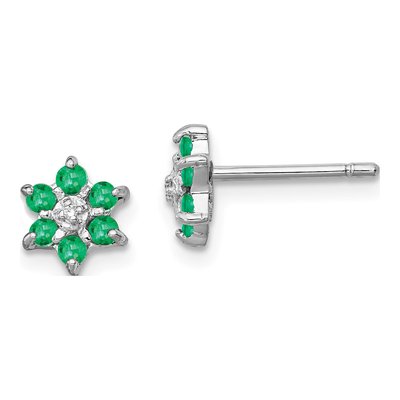 Sterling Silver Round Emerald & Diamond Stud Earrings