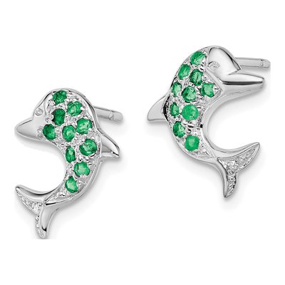 Sterling Silver 1.4mm Round Emerald & Diamond Dolphin Stud Earrings – view 3