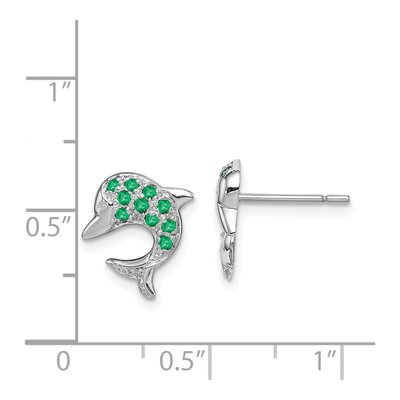 Sterling Silver 1.4mm Round Emerald & Diamond Dolphin Stud Earrings – view 5