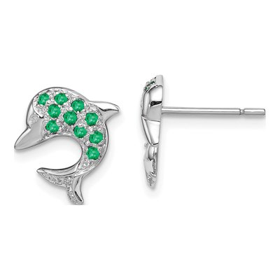 Sterling Silver 1.4mm Round Emerald & Diamond Dolphin Stud Earrings
