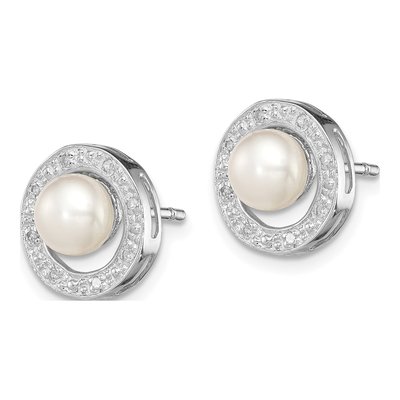 Sterling Silver 1/20 ct tw Button Freshwater Cultured Pearl & Diamond Ear Stud Earrings – view 2