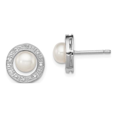 Sterling Silver 1/20 ct tw Button Freshwater Cultured Pearl & Diamond Ear Stud Earrings