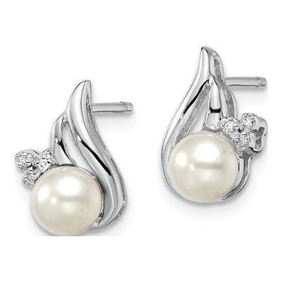 Sterling Silver Button Freshwater Cultured Pearl & Diamond Ear Stud Earrings – view 3