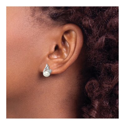 Sterling Silver Button Freshwater Cultured Pearl & Diamond Ear Stud Earrings – view 4