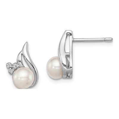 Sterling Silver Button Freshwater Cultured Pearl & Diamond Ear Stud Earrings