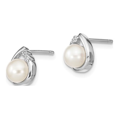 Sterling Silver Button Freshwater Cultured Pearl & Diamond Stud Earrings – view 2