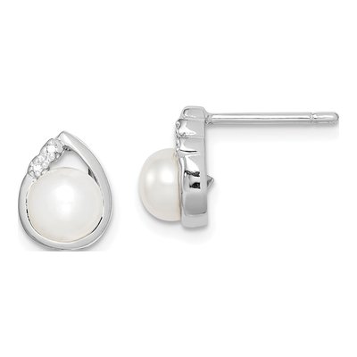 Sterling Silver Button Freshwater Cultured Pearl & Diamond Stud Earrings