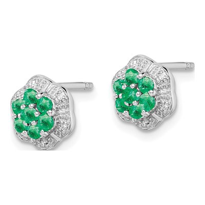 Sterling Silver Round Emerald & Diamond Stud Earrings – view 3