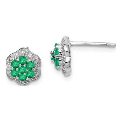 Sterling Silver Round Emerald & Diamond Stud Earrings