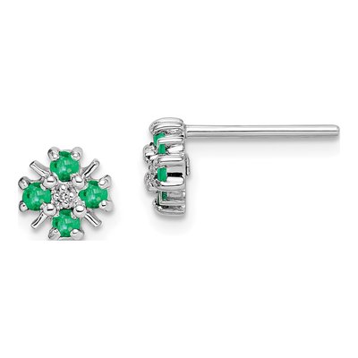 Sterling Silver Round Emerald & Diamond Stud Earrings