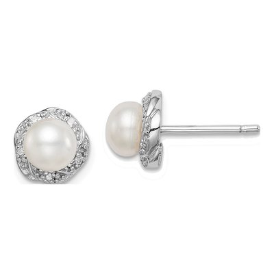Sterling Silver Freshwater Cultured Pearl & Diamond Button Stud Earrings