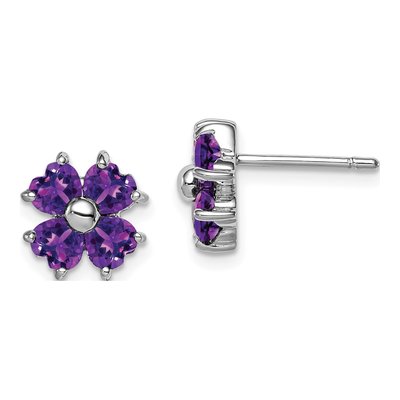 Sterling Silver Heart Amethyst Flower Stud Earrings