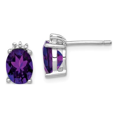 Sterling Silver Oval Amethyst & Diamond Stud Earrings