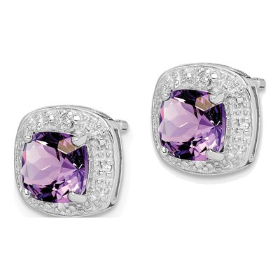 Sterling Silver Cushion Amethyst & Diamond Stud Earrings – view 3
