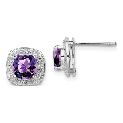 Sterling Silver Cushion Amethyst & Diamond Stud Earrings