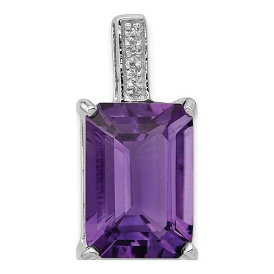 Sterling Silver Amethyst & Diamond Emerald-Cut Pendant