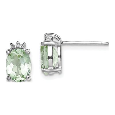 Sterling Silver Oval Prasiolite & Diamond Stud Earrings