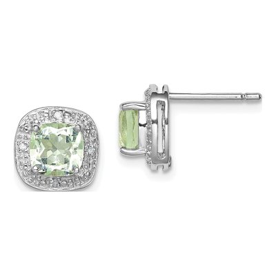 Sterling Silver Cushion Prasiolite & Diamond Stud Earrings
