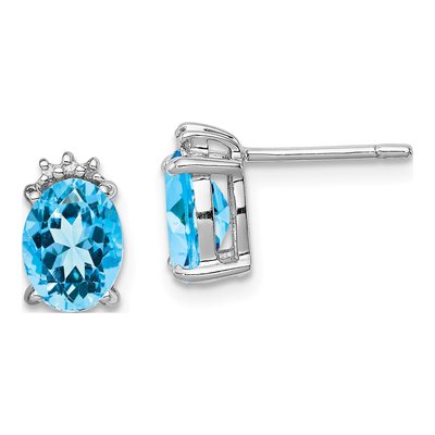 Sterling Silver Oval Swiss Blue Topaz & Diamond Stud Earrings
