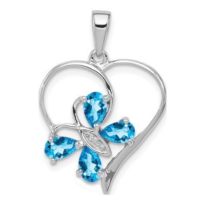Sterling Silver Sky Blue Topaz & Diamond Butterfly Heart Pendant