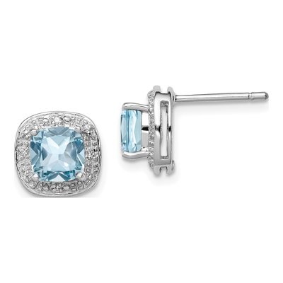 Sterling Silver Cushion Sky Blue Topaz & Diamond Stud Earrings