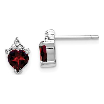 Sterling Silver Garnet & Diamond Heart Stud Earrings