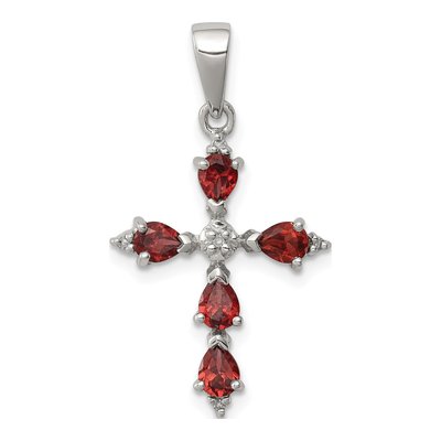 Sterling Silver Garnet & Diamond Pear Cross Pendant