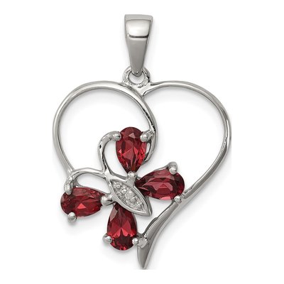 Sterling Silver Garnet & Diamond Butterfly Heart Pendant