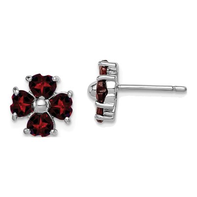 Sterling Silver Heart Garnet Flower Stud Earrings