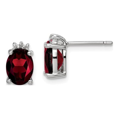 Sterling Silver Garnet & Diamond Oval Stud Earrings