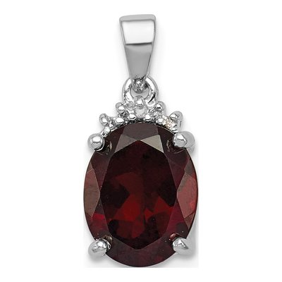 Sterling Silver Garnet & Diamond Oval Pendant