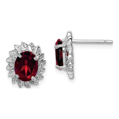 Sterling Silver Oval Garnet & Diamond Stud Earrings