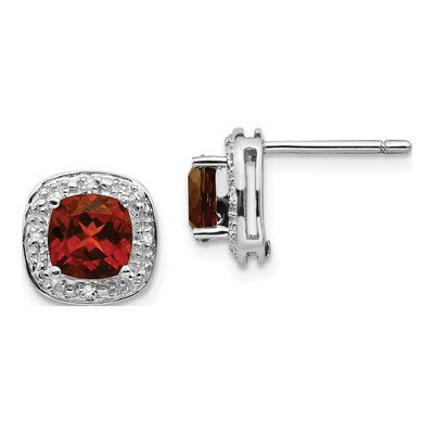 Sterling Silver Cushion Garnet & Diamond Stud Earrings